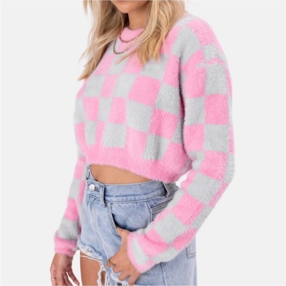 Adika Sweaters Adika Checkered fuzzy Crop Sweater - Picture 1 of 5